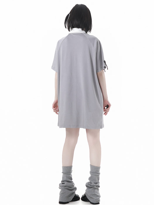 ネックラインスタールーズグレーレースアップバニーアップリケドレス