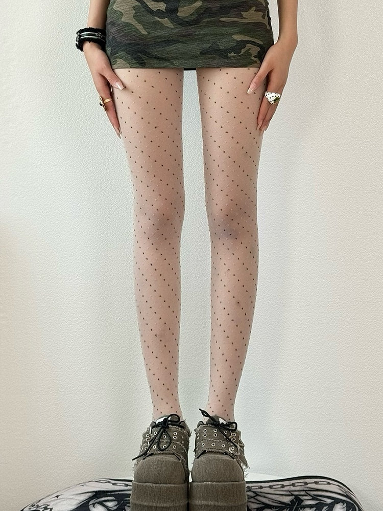 Pattern Polka-dot Diamond Embroidered Gray/White/Brown Tights