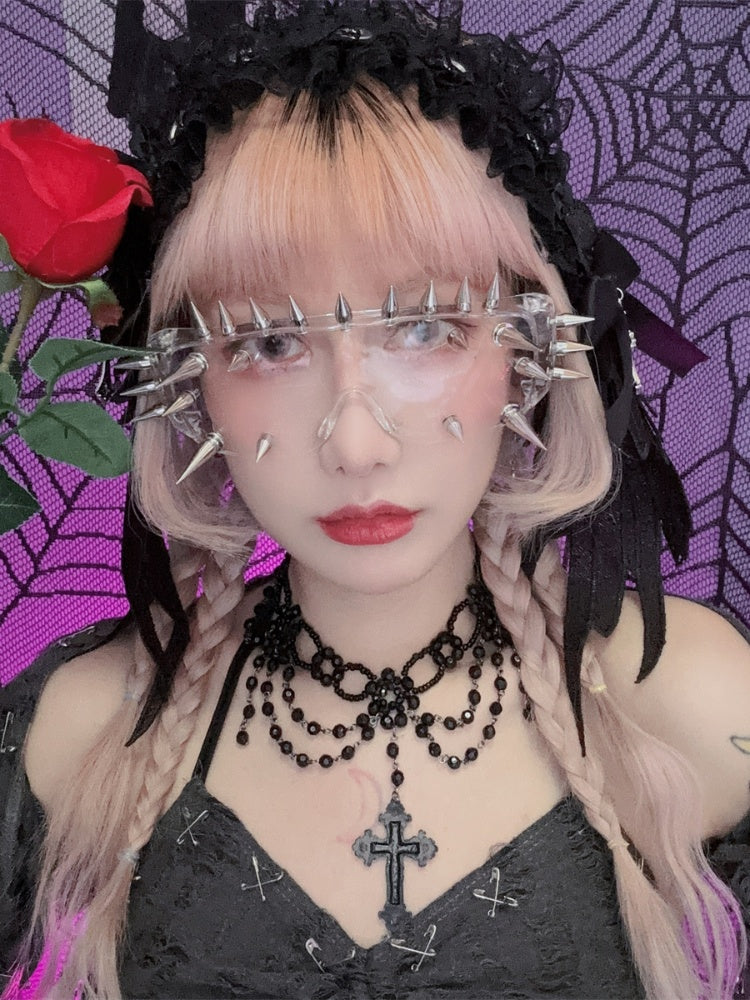 Dunkel/Weiß/Grün/Gelb – Cyberpunk-Sonnenbrille mit Nietendetail