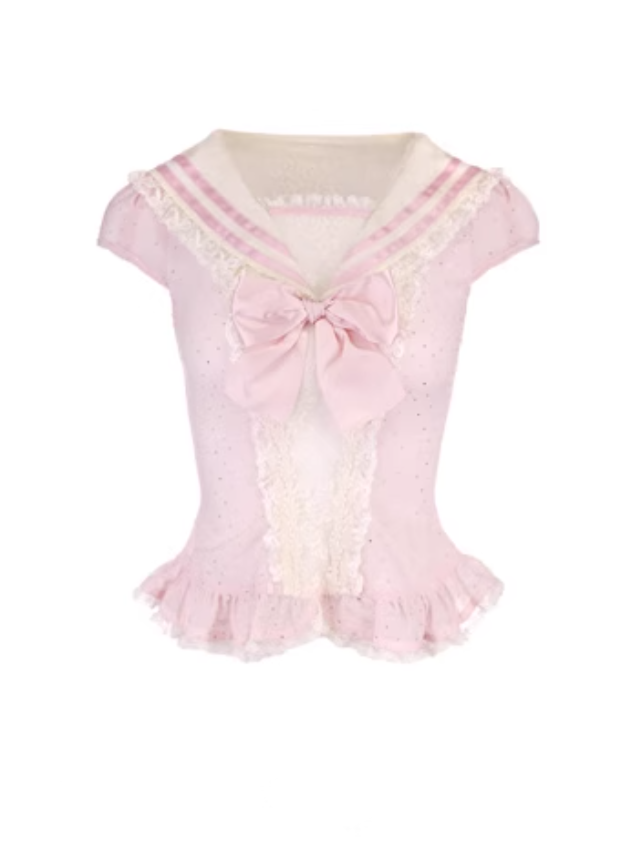 Pink Sailor Cap Collar Sleeves Chiffon Top With