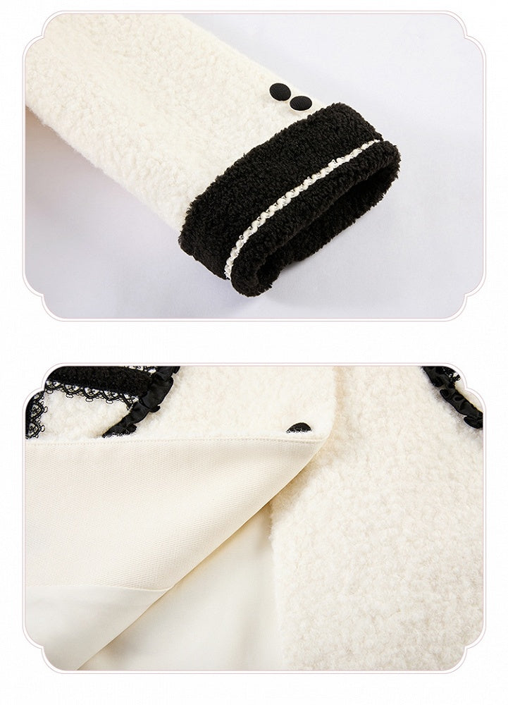 Black Heart-shaped White Embroidery Detail Woolen Pockets with Coat