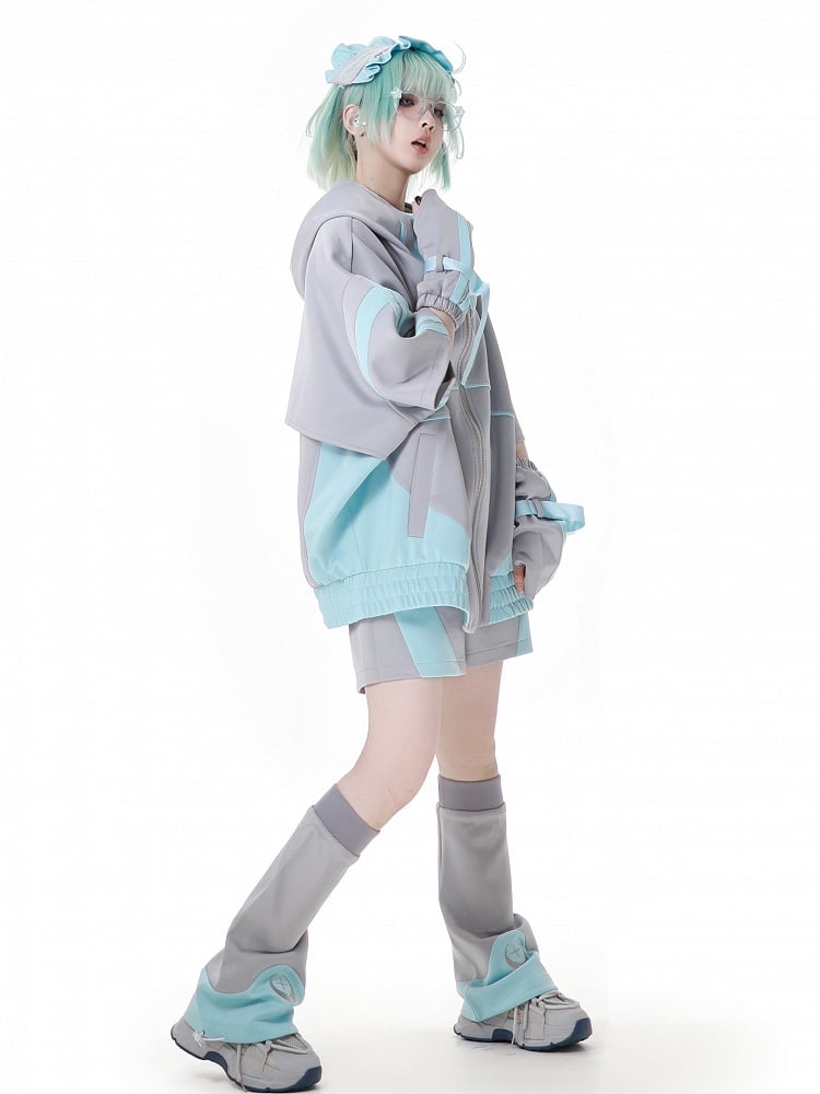 Sleeves Zipper Hoodie Green and Gray Jirai Kei Techwear Straps Design Short