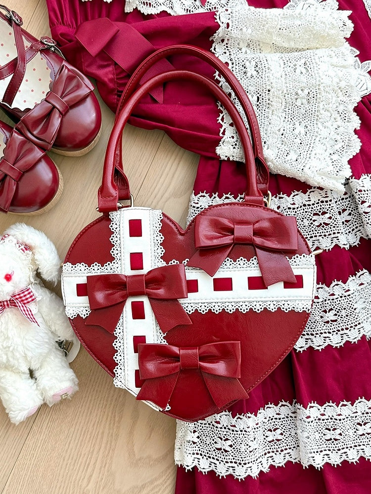 Lolita-style Cross Linear Details Bowknot with and Hand Design Abstract Red Bag Heart-shaped