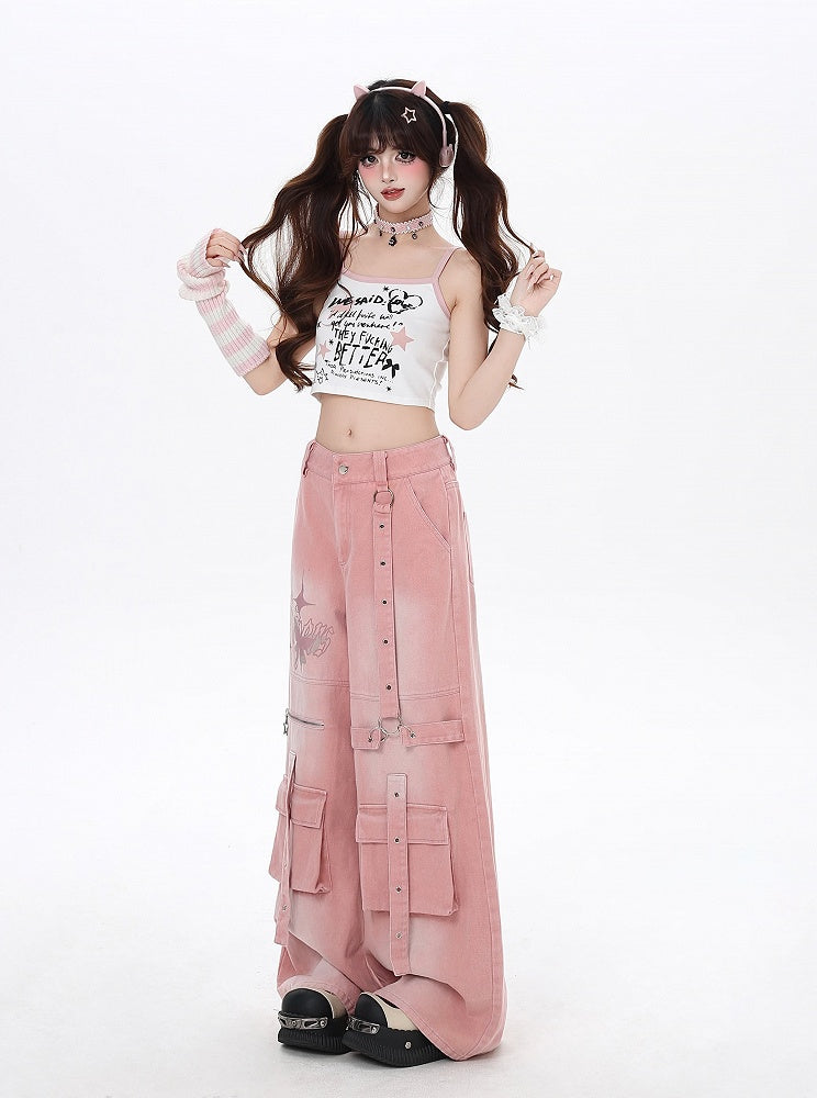 Print Strap Details Vintage Jeans Wide-Leg Cargo Pink Butterfly