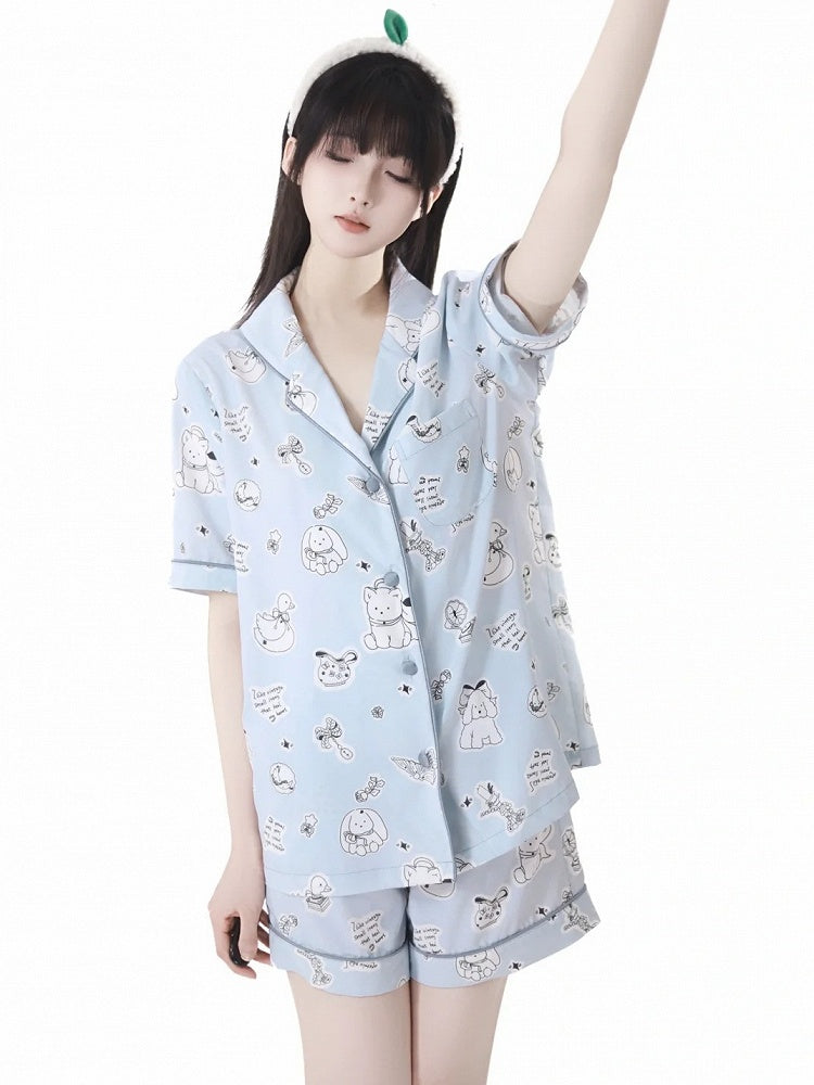 Puppy Print Pajamas Set Blue/Creamy Allover Cute Yellow Light