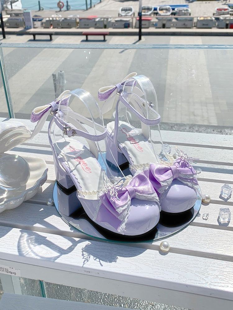 Mary Lolita Heels 6CM Accent Janes und Schleife Kettenblock Lila Perle Süß Abnehmbar