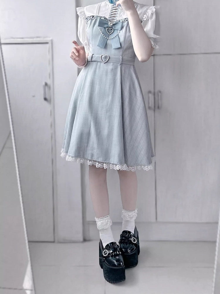 Kei Dress with Detachable Lace Trim Jirai Bow Kaiwai Neckline Design Tenshi Blue Striped Criss-cross