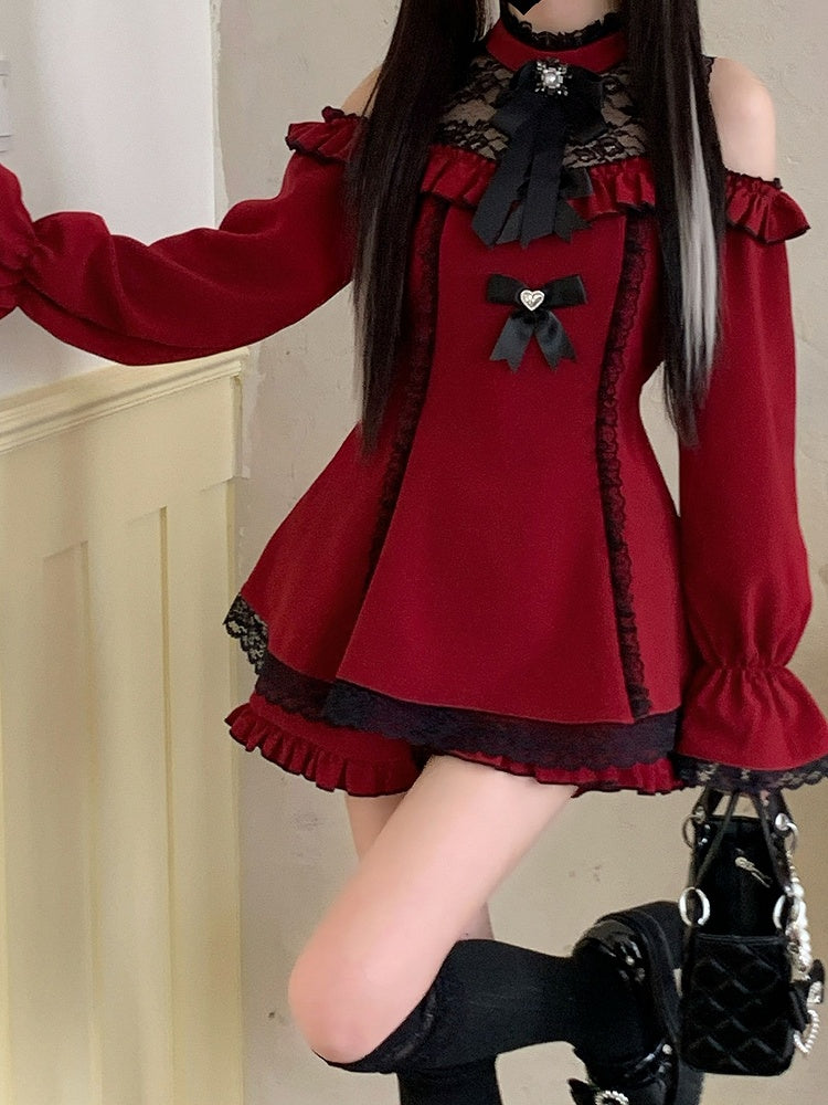 Saum Jirai Kei Schwarzes Set Shorts mit Mini-Ausschnitt Cutout Schulter Illusion Rock Kleid Rot Rüschen