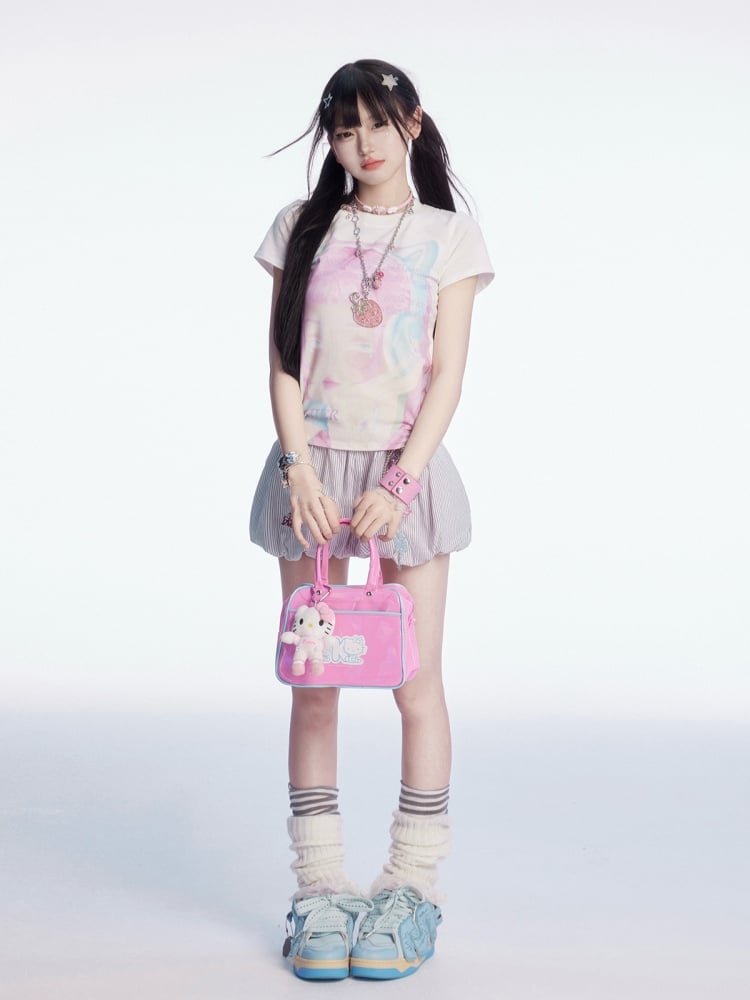 Embroidery Mini Bubble Skirt Pattern White Striped Letter