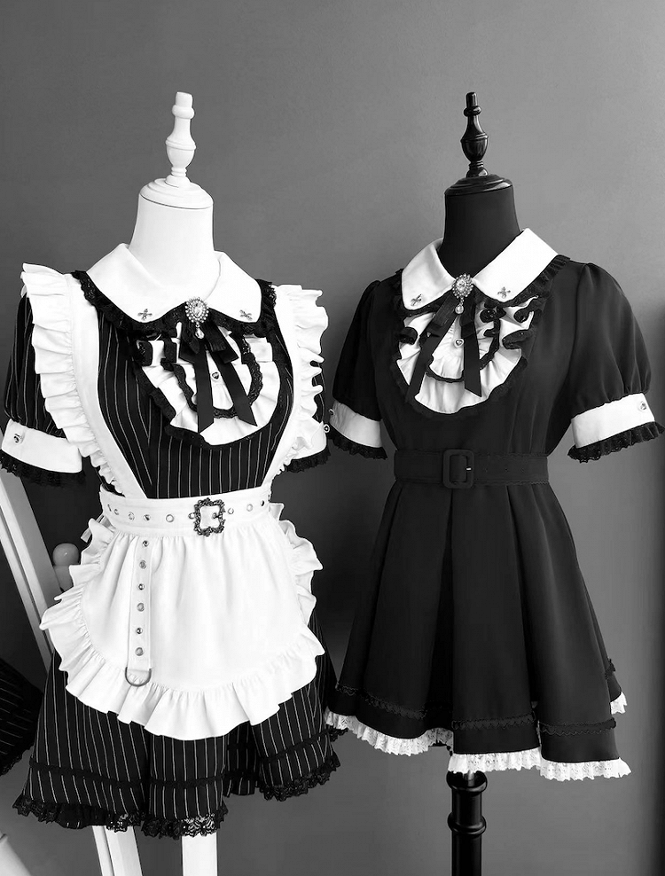White Black and Kei Maid with Collar Jirai Stripes Shorts Set Peter Top Pan