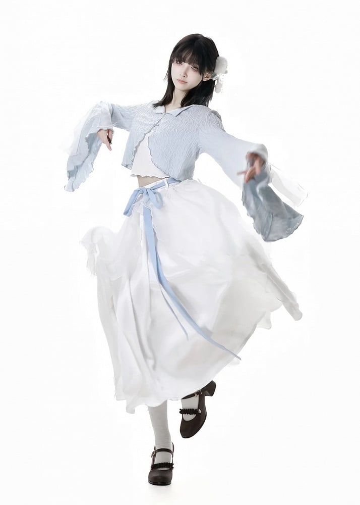 Free Top Knot Cheongsam Style Cropped Cami Buttons Bell Sleeves Blue Cardigan