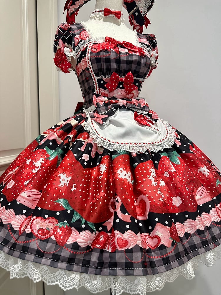 XXL Bust Apron Plaid Print with for 96-111CM Pattern Black Strawberry Sweet Dress Clearance-Size Summer and Lolita