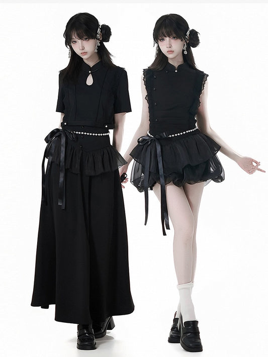Black Cheongsam Beaded Waist Corset Belt Set Style Free Chain Hem Long Skirt with Flounce