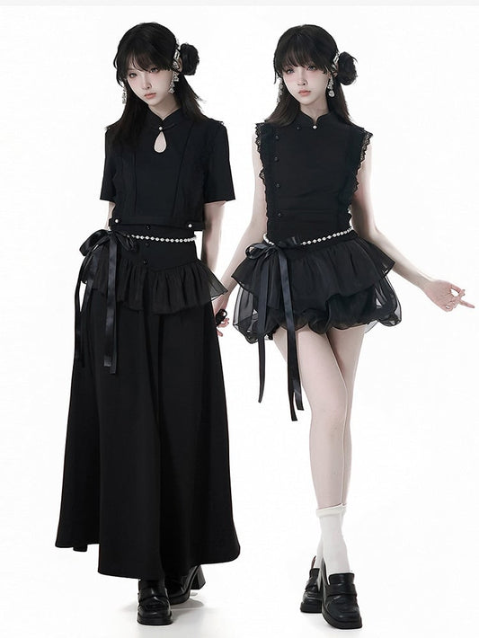 Black Cheongsam Waist Chain Corset Belt Set Free Style Long Skirt with Flounce Beaded Hem