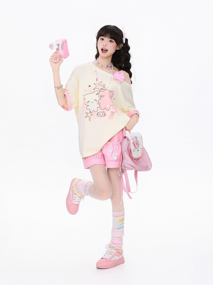 Playful Kitten One-Shoulder Tee Blue/Apricot/WhiteBlack