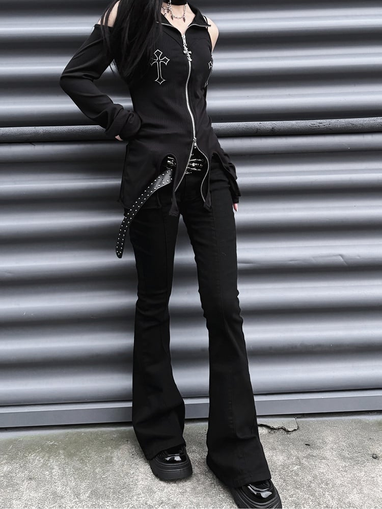 Punk-schwarze Slim-Fit-Hose mit Fischschwanz und hoher Taille mit Gürtel mit Skeletthand-Schnalle