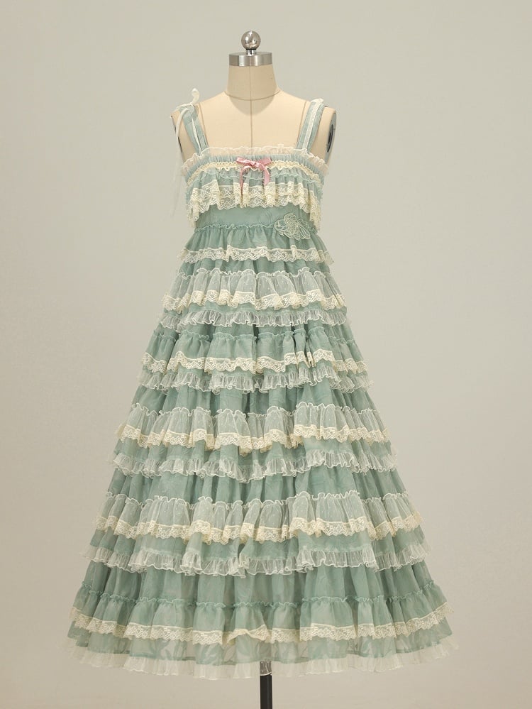 Goldfish Adjustable Dress and Green with Straps Lolita Embroidery Ruffle Multi-Layered Sweet