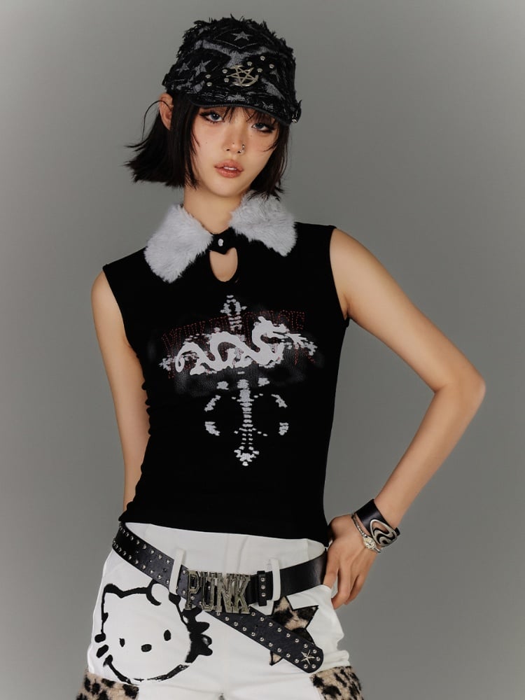 Y2K Black Plush Collar Snap Neckline Keyhole Graphic Glamorous Tank Top