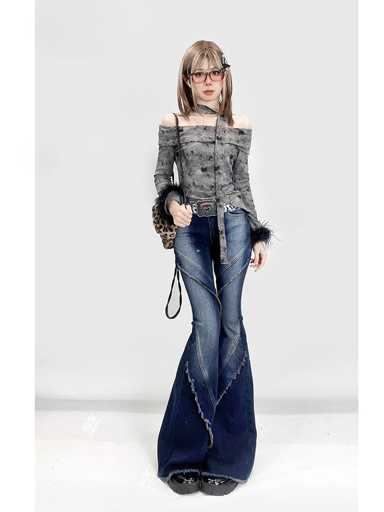 Grey Off-the-shoulder Neckline Top with Plush Hem