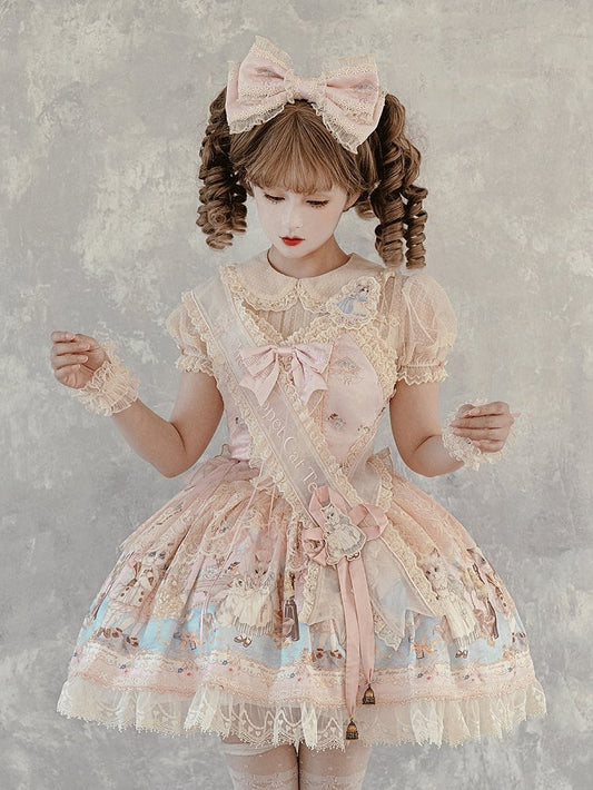 Rosa Kleid Sweet Party Tea JSK Print Mieder Lolita Korsett Full Kitty Set