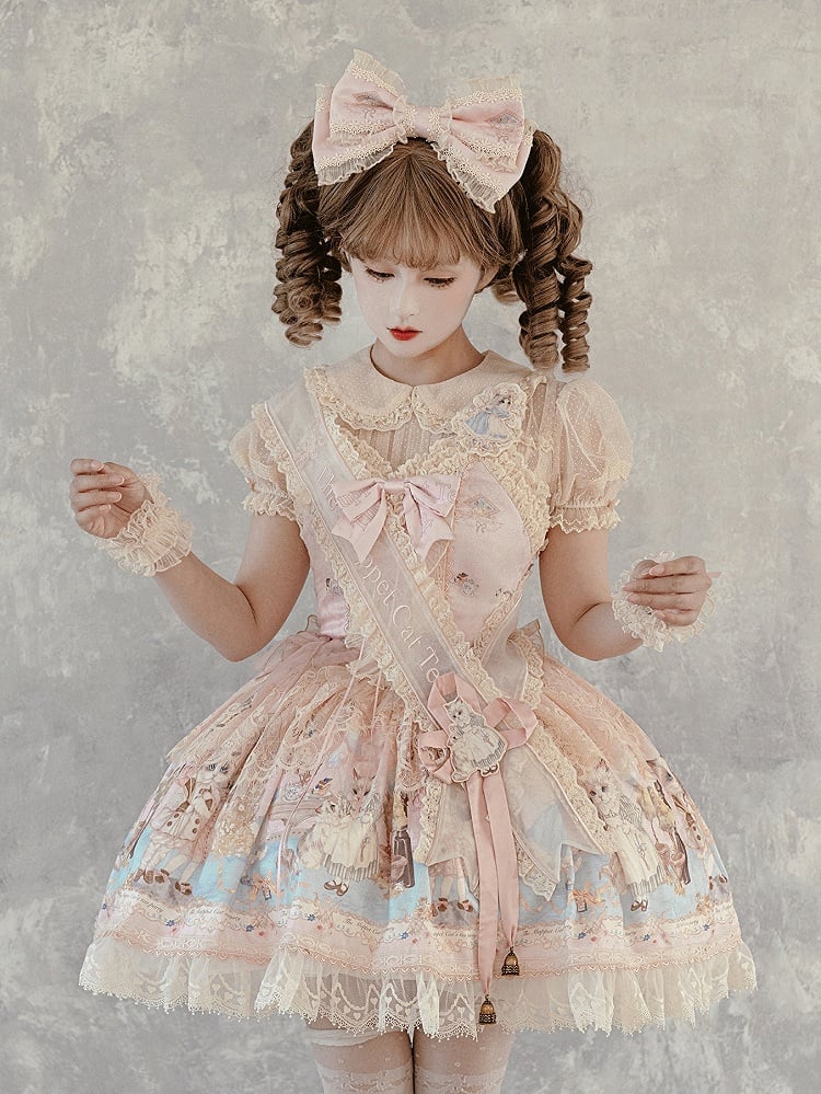 Party Tee Lolita Kitty Mieder Druck Jumper Korsett Kleid Rosa Rock Süße