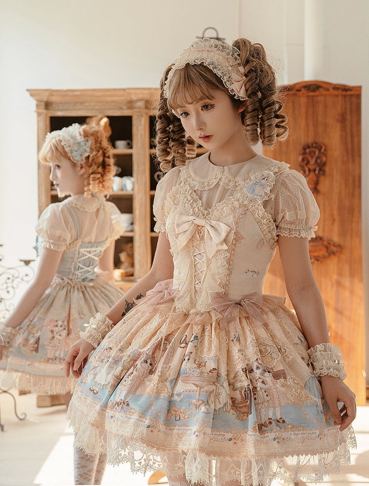 Partykleid Miederrock Teedruck Kitty Beige Pullover Lolita Süßes Korsett