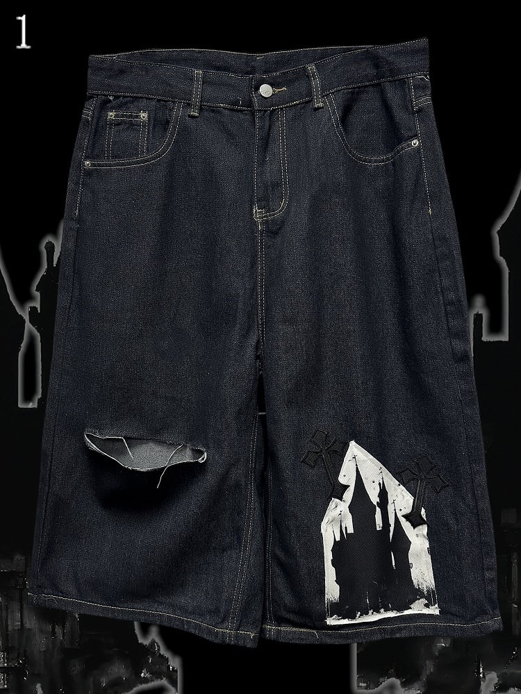 Shorts mit Kreuzapplikation, dunkelblau, Distressed-Löcher, weites Bein, Cargo, Y2K