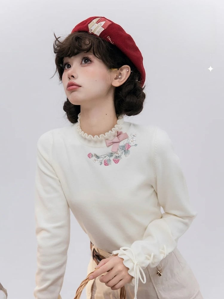 Neckline Lace-up Cuffs Autumn Strawberry Embroidery Top Knit Beige