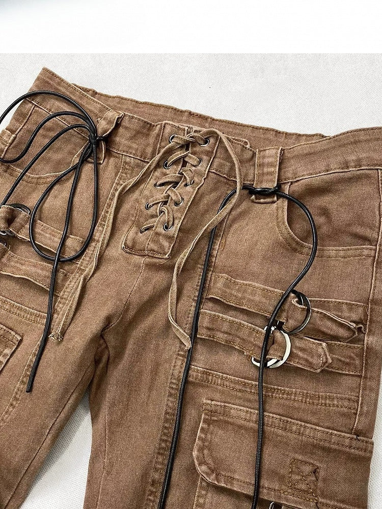 Wasteland Silhouette Flare Lace-up Jeans Punk Detail Brown Coffee