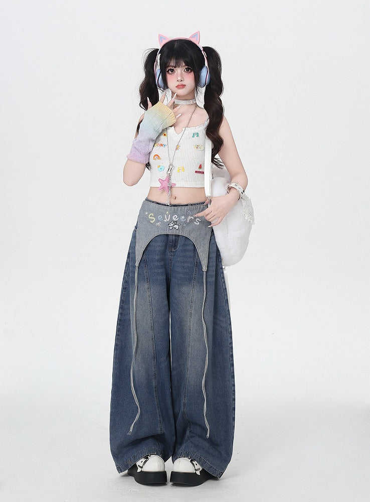 Blue Low Waist Wide-leg Jeans with Letter Embroidery