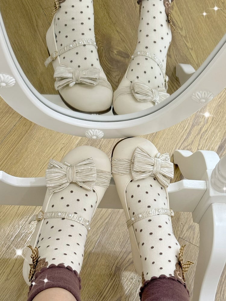 Top Schnalle Zehen Creme Schuhe Perlen Schleife verziert Lolita Weiß Herz Runde bei
