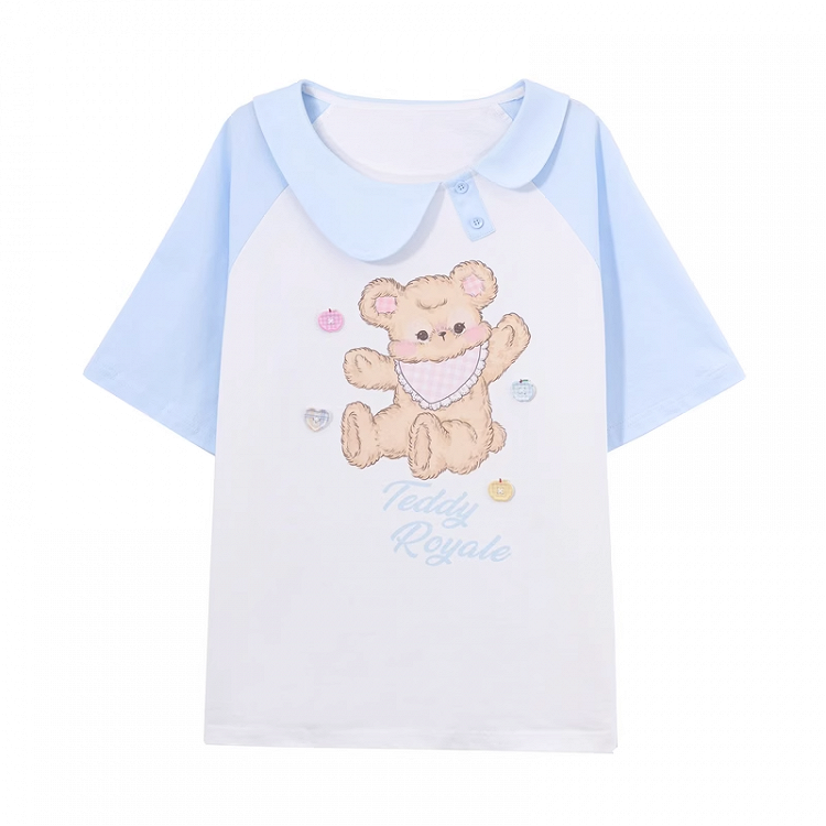 Blue and White Asymmetrical Peter Pan Collar Bear Print T-Shirt Long Version