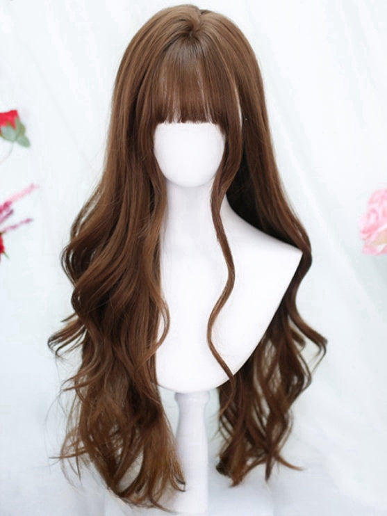 Brown 65-70CM Waist Length Wavy Wig With Air Bangs