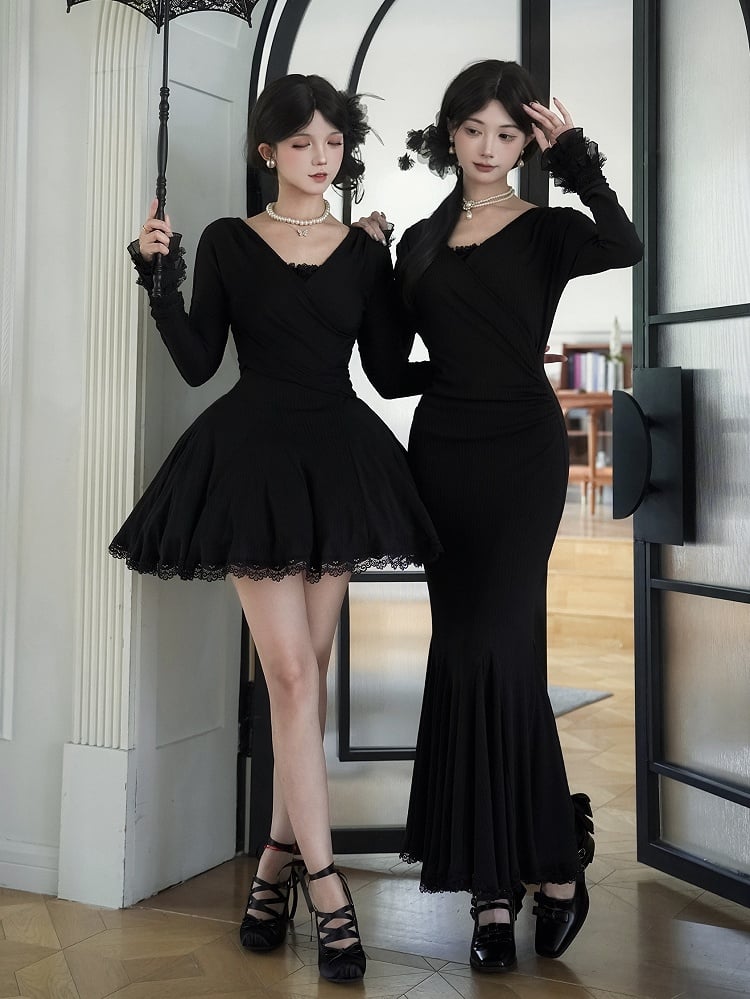 Dress Trims with V-Neck Lace Sleeves Knit Black Deep Short Long