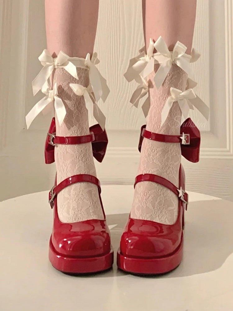 Buckles Decorative Starry Jane Shoes and with Back Wine Night Star Y2K Platform Moon Red - Mary Bow