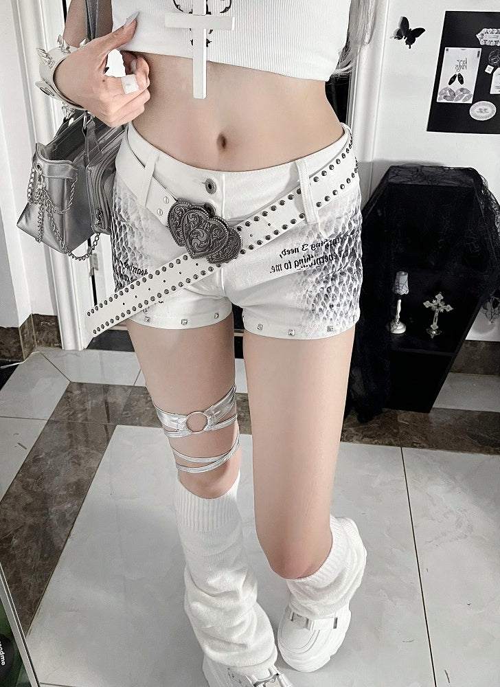White Low-Rise Snakeskin Print Mini Shorts