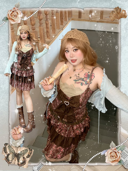 Top / Plus Size Brown Floral Print Slip Dress Mint Green