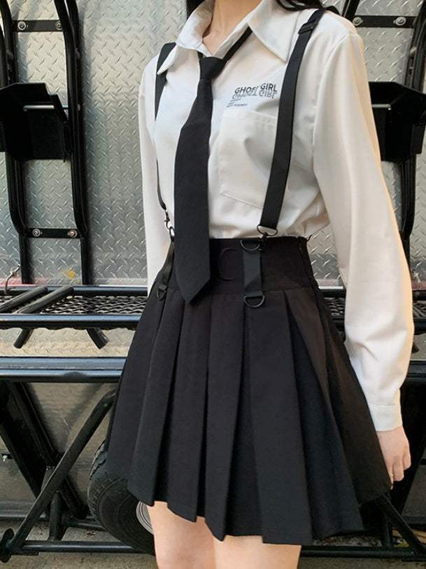 Black High Waist Box Pleat Overall Skirt