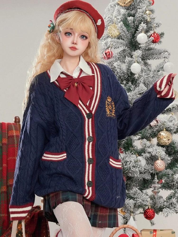 Weihnachten Marineblau V-Ausschnitt Preppy Lose Strickjacke Kontrast Streifenbesatz