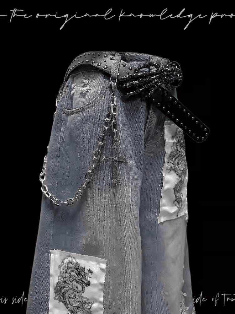 Blaue Jeans mit weitem Bein, Drachen-Applikation, ungesäumter Saum, abgenutzte Löcher, leicht