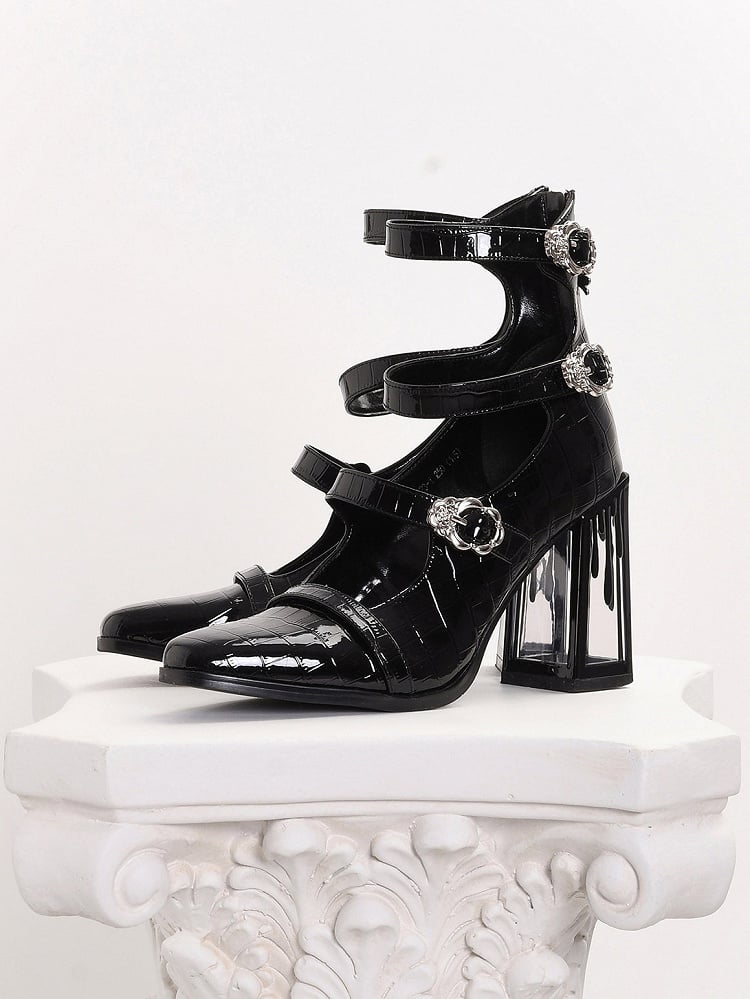Polished Black Gothic Crocodile Buckle Straps Blood Drip High Block Heels