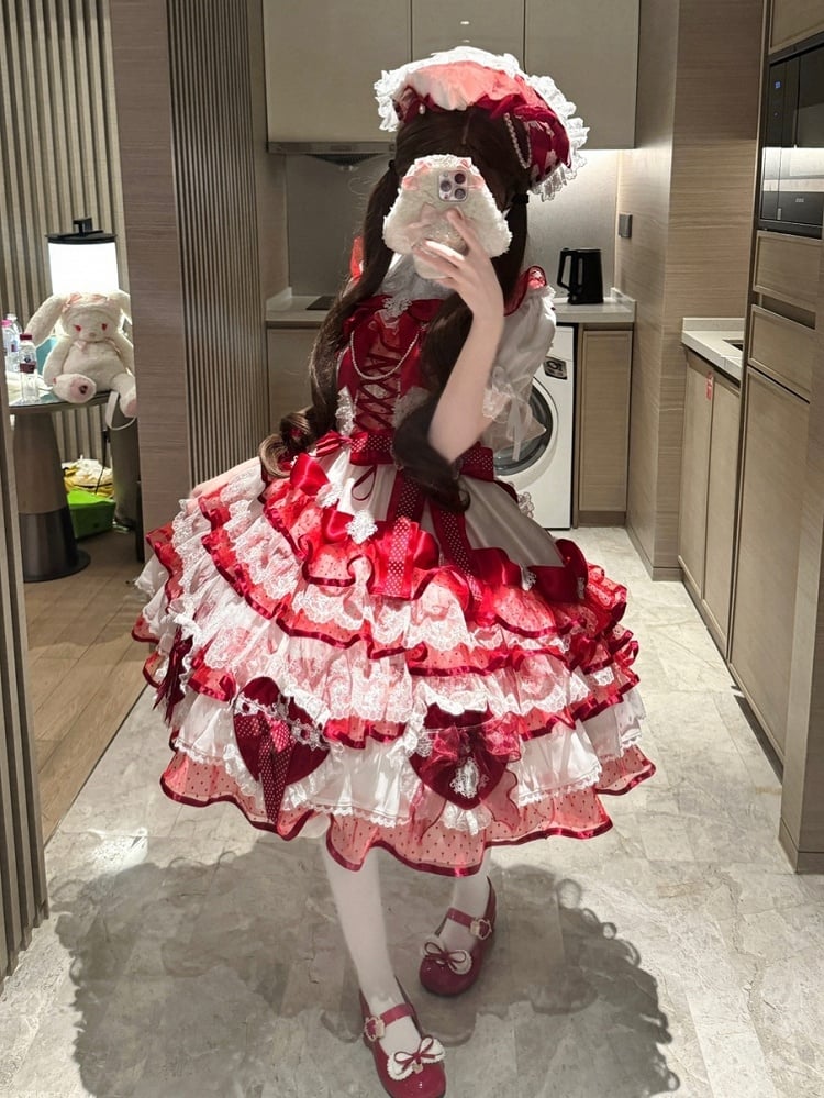 Dress Lolita Heart-shaped Layered Hanayome White and Princess Bows Skirt Jumper Red Decoration