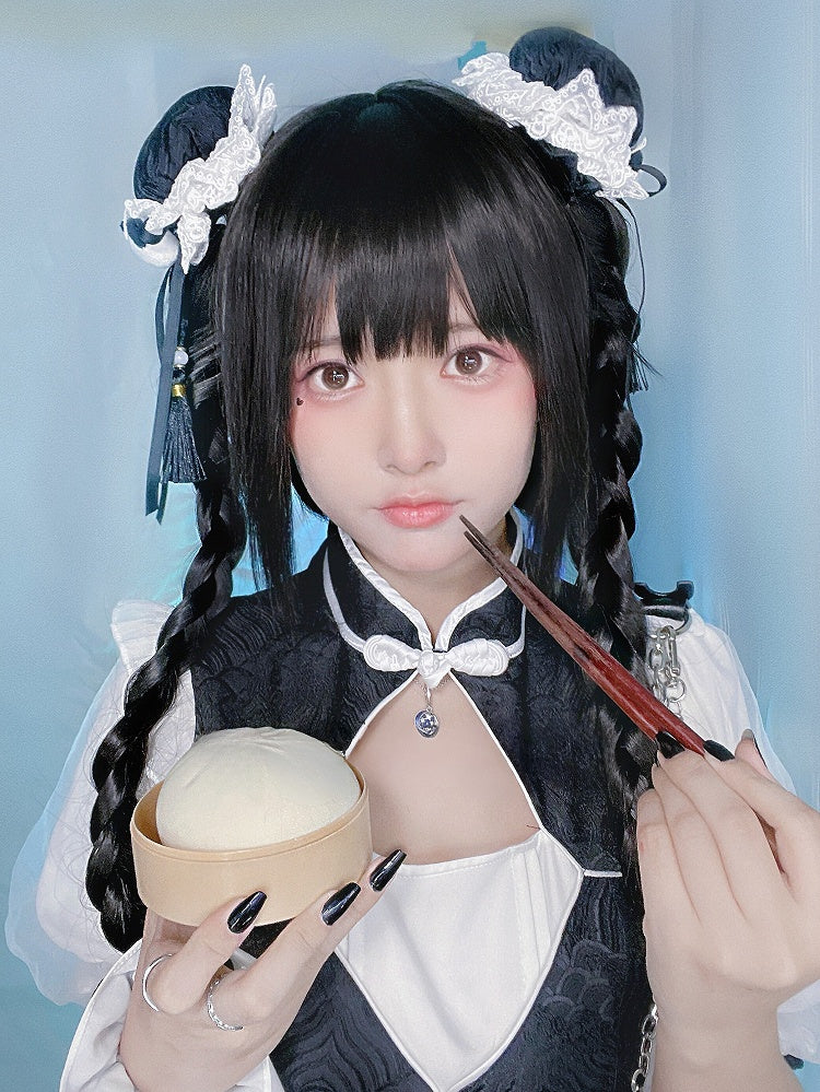 Braided Short Bangs Wig + Ponytail Black 55CM Claw 30CM Clips Full Straight Double With