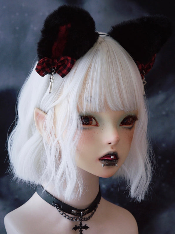 Black KC And With Cross Cat Bowknot Ear Charm Red Design Plaid Pattern