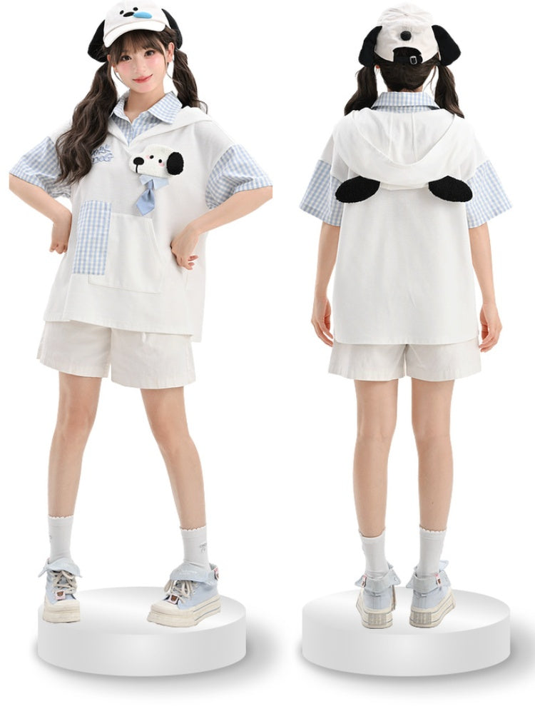 Two-pieces Puppy Ears Design Hood Pattern White and Puppy Faux T-Shirt Blue Plaid