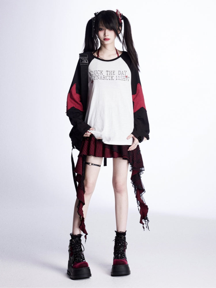 Loose Top Sleeves Black and White Colorblock Design Star Appliques