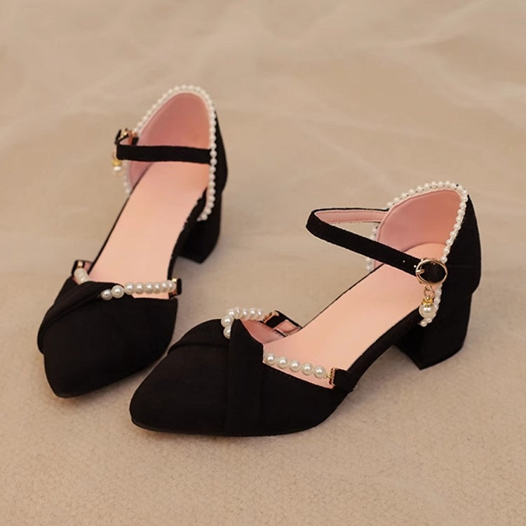 Dekor-Kettenschuhe, kompliziertes Qi, spitz zulaufend, mit schwarzer Spitze – Absatz, mittelhoher Absatz, Perlensandalen, Lolita, abnehmbare Rückseite, Wildleder