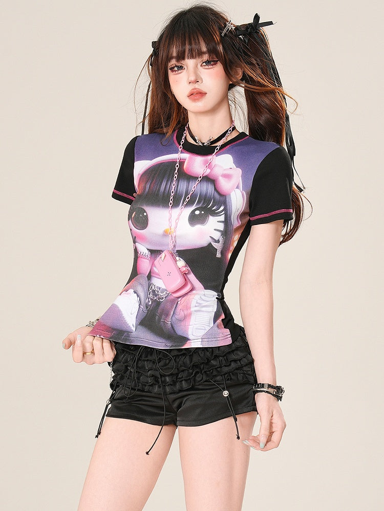 Print Cartoon Bittersweet Black T-shirt Girl