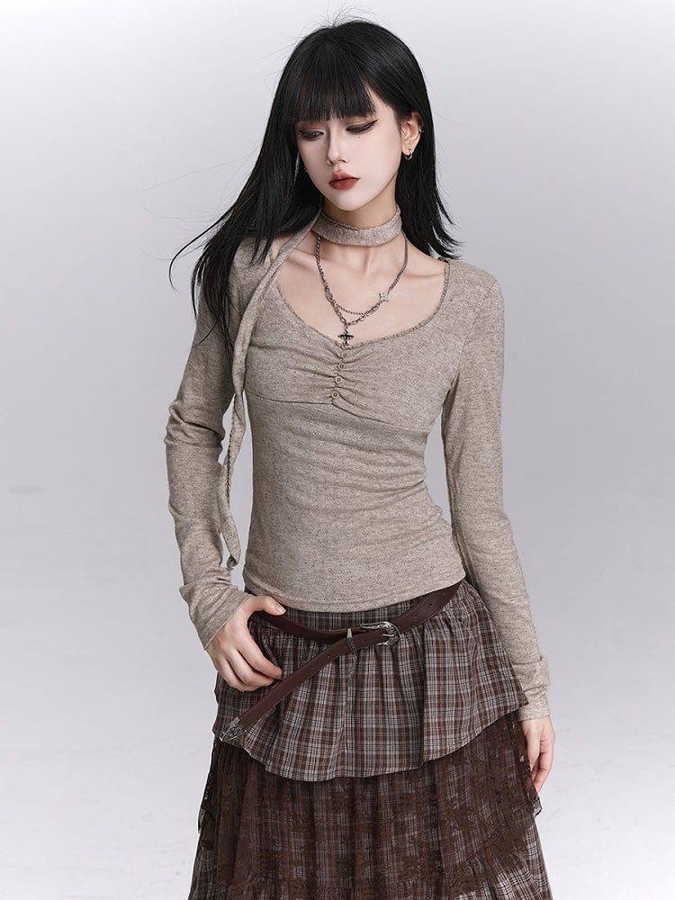 Oatmeal Top U-Neck Button Ruches with Matching Neck Strap Gray