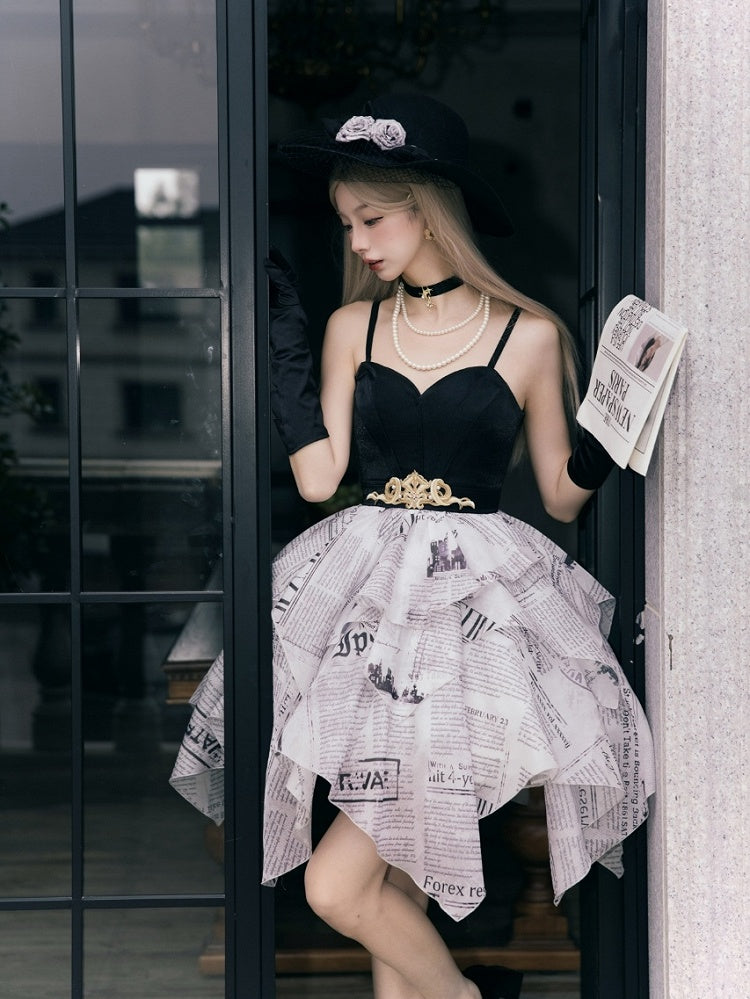 Elegant Skirt Layered Jumper Dress Lolita Print Newspaper Handkerchief
